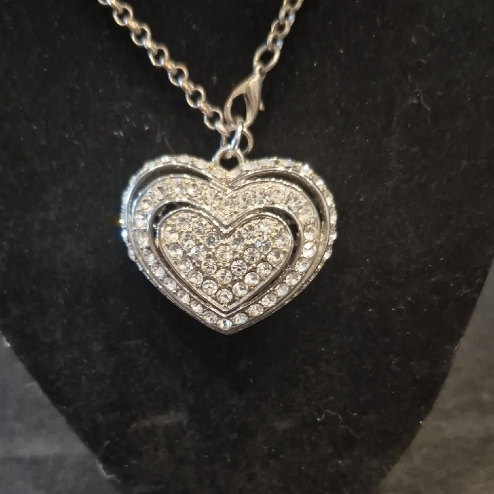 Rhinestone Puffed Heart Pendant Necklace - Silver Tone